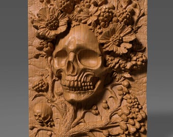 Halloween Schädel Floral 3D Relief: Gothic Holz Schnitzerei (Digitaler Download)