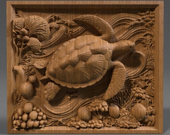 Tortuga marina en relieve 3D: tallado CNC, grabado láser (descarga digital)