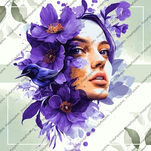 Schöne Frauen | American Robin, Lila Blume, Frühling, Aquarell Kunst -1 PNG 4k Res, CNC, T-Shirts, Karten, Lila, Hochzeiten, Sweatshirts & Tassen