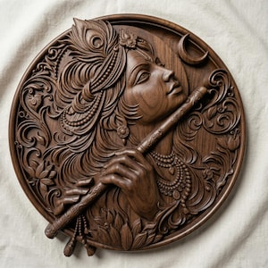 Può includere: Un'intagliatura in legno circolare e dettagliata raffigura una figura che suona un flauto. L'intaglio presenta dettagli intricati del viso, dei capelli e dei gioielli della figura, insieme a motivi floreali e a mezzaluna. Il legno è di un ricco colore marrone, su sfondo neutro.