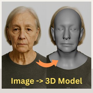 May include: Side-by-side comparison of a woman's face and a 3D model of the same face. The woman has gray hair and is wearing a dark green shirt. The 3D model is gray and has a similar hairstyle. The text "Image -> 3D Model" is displayed in yellow.