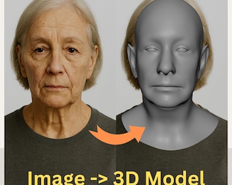 May include: Side-by-side comparison of a woman's face and a 3D model of the same face. The woman has gray hair and is wearing a dark gray shirt. The 3D model is gray and has a similar hairstyle. The text "Image -> 3D Model" is in yellow.
