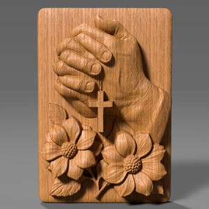 Praying Hands with Cross STL | Christian Wall Relief for CNC, Laser, 3D Print | Floral Faith Art Panel | Religious Carving |Catholic |Church