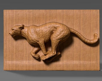 Bassorilievo di ghepardo in corsa / Arte murale / Intaglio di animali selvatici / Decorazione di sculture di animali / Pannello CNC STL (download digitale)