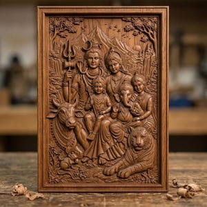May include: A rectangular wooden wall plaque featuring a detailed relief carving of the Hindu deity Shiva, Parvati, Ganesha, and Kartikeya. The scene includes a bull, a tiger, a mouse, and a mountain landscape, all framed in a dark wood border.