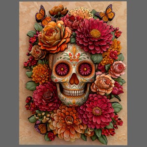 Sugar Skull 3D STL File | Día de los Muertos Relief with Flowers & Candle | CNC Wood Carving | Laser Engraving Art | Digital Wall Decor