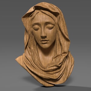 Könnte beinhalten: Eine Holzskulptur eines Frauenkopfes und -körpers, mit gesenktem Kopf und geschlossenen Augen. Die Skulptur ist in einem realistischen Stil geschnitzt, mit detaillierten Gesichtszügen und einem fließenden Stoff, der über den Kopf der Frau gelegt ist.