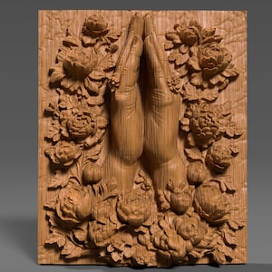 Praying Hands with Flowers STL | Christian Catholic Bas Relief CNC, Laser, 3D Print | Church Wall Art | Baby Angel Carving Panel File
