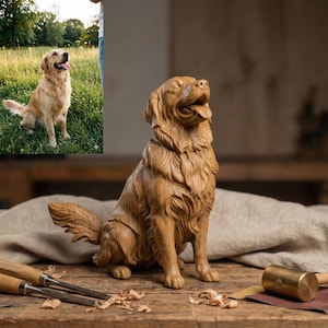 May include: A detailed wooden sculpture of a Golden Retriever dog in a sitting position, with its tongue out. The sculpture is light brown and appears to be hand-carved. A photo of a real Golden Retriever is in the background.