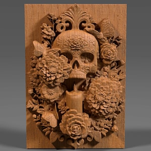 Sugar Skull 3D STL File | Día de los Muertos Relief with Flowers & Candle | CNC Wood Carving | Laser Engraving Art | Digital Wall Decor