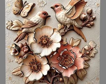 Archivo STL de pájaros en flor de cerezo en relieve 3D: Tallado CNC floral (descarga digital)