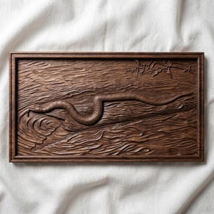 May include: A rectangular wooden relief carving depicting a snake in water. The snake is intricately carved with scales and a forked tongue. The frame and carving are a warm brown hue, and the background features a textured, wave-like pattern.