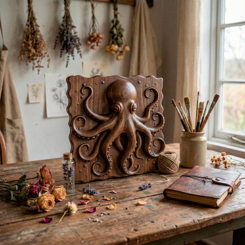 High-detail 3D STL model of an octopus in bas relief, featuring curled tentacles and a textured underwater design. Ideal for 3D printing, CNC wood carving, or laser engraving. Perfect for marine-themed wall art, nautical gifts, or ocean-inspired decor. This digital file is suitable for use with wood, acrylic, resin, and other engravable materials. Download and craft ocean life into your next project.