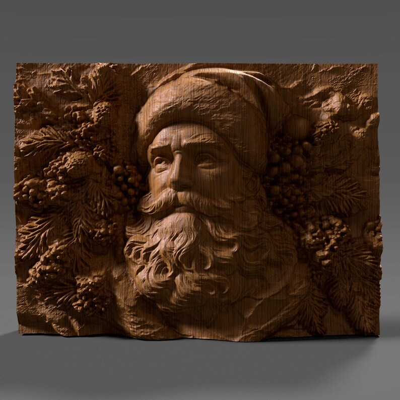 3D bas relief of Santa Claus carved in detailed wood, featuring a full beard, classic fur hat, and surrounded by pine cones, berries, and fir branches. The design has rich textures with deep shadows and natural wood grain, perfect for CNC carving, 3D printing, or decorative wall art. This festive digital model brings warmth and tradition, ideal for holiday décor, woodworking projects, and creating custom Christmas gifts with professional detail.