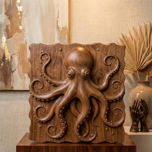 High-detail 3D STL model of an octopus in bas relief, featuring curled tentacles and a textured underwater design. Ideal for 3D printing, CNC wood carving, or laser engraving. Perfect for marine-themed wall art, nautical gifts, or ocean-inspired decor. This digital file is suitable for use with wood, acrylic, resin, and other engravable materials. Download and craft ocean life into your next project.