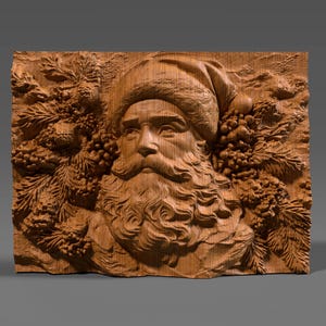 3D bas relief of Santa Claus carved in detailed wood, featuring a full beard, classic fur hat, and surrounded by pine cones, berries, and fir branches. The design has rich textures with deep shadows and natural wood grain, perfect for CNC carving, 3D printing, or decorative wall art. This festive digital model brings warmth and tradition, ideal for holiday décor, woodworking projects, and creating custom Christmas gifts with professional detail.