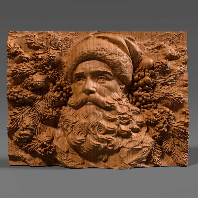 3D bas relief of Santa Claus carved in detailed wood, featuring a full beard, classic fur hat, and surrounded by pine cones, berries, and fir branches. The design has rich textures with deep shadows and natural wood grain, perfect for CNC carving, 3D printing, or decorative wall art. This festive digital model brings warmth and tradition, ideal for holiday décor, woodworking projects, and creating custom Christmas gifts with professional detail.