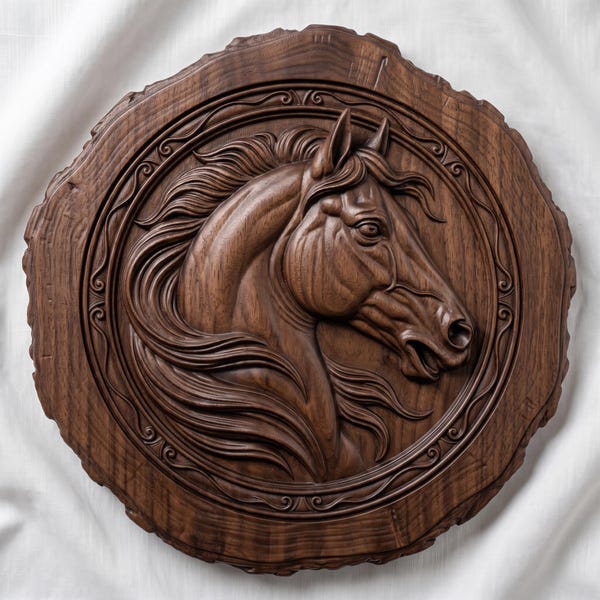 Retrato de caballo tallado en madera, medallón redondo con borde natural, relieve CNC, modelo 3D, descarga digital.
