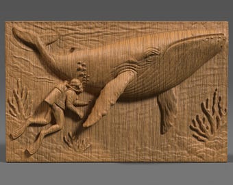 Whale & Diver 3D Relief Model: CNC, Laser, 3D Print (STL File)