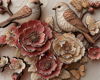 Archivo STL de pájaros en flor de cerezo en relieve 3D: Tallado CNC floral (descarga digital)