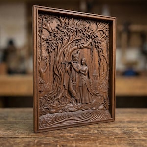 Intricate bas-relief carving of Lord Krishna playing the flute beside Radha under a large sacred tree, surrounded by flowing roots, foliage, and a serene temple in the background, with calm water ripples below, expressing divine love, harmony, and spiritual devotion in detailed wood texture.
