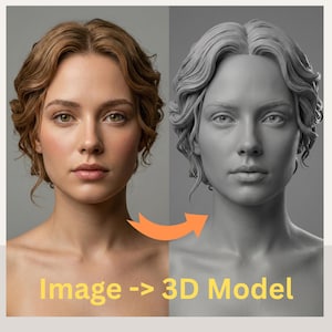 May include: A split image showing a woman's face next to a 3D model of the same face. The woman has light skin, brown hair, and is looking at the viewer. The 3D model is gray and has the same features. The text "Image -> 3D Model" is at the bottom.