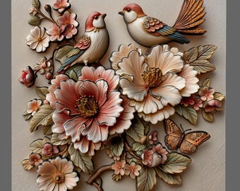 Pájaros de cerezo en relieve 3D: tallado floral CNC STL (descarga digital)