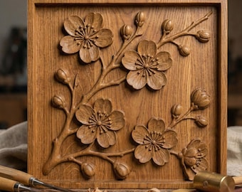 Archivo STL 3D de flor de cerezo: Panel floral tallado en madera (descarga digital)