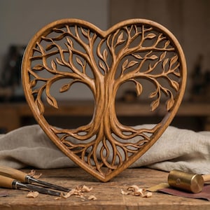May include: A wooden heart-shaped wall hanging featuring a carved tree of life design. The tree's branches and roots are intricately detailed, with a natural wood grain finish. The artwork is displayed on a wooden surface with carving tools.