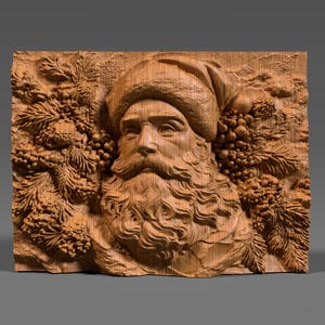 3D bas relief of Santa Claus carved in detailed wood, featuring a full beard, classic fur hat, and surrounded by pine cones, berries, and fir branches. The design has rich textures with deep shadows and natural wood grain, perfect for CNC carving, 3D printing, or decorative wall art. This festive digital model brings warmth and tradition, ideal for holiday décor, woodworking projects, and creating custom Christmas gifts with professional detail.