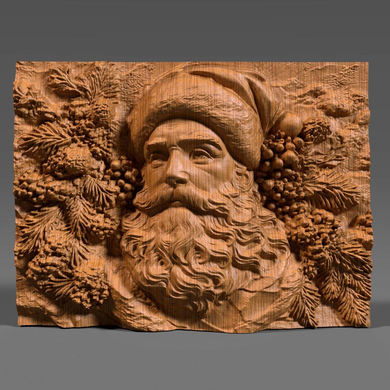 3D bas relief of Santa Claus carved in detailed wood, featuring a full beard, classic fur hat, and surrounded by pine cones, berries, and fir branches. The design has rich textures with deep shadows and natural wood grain, perfect for CNC carving, 3D printing, or decorative wall art. This festive digital model brings warmth and tradition, ideal for holiday décor, woodworking projects, and creating custom Christmas gifts with professional detail.