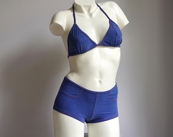 00s y2k Blue Denim Print Bikini Set / Vintage Boyshort Bottoms Two Piece Swimsuit MEDIUM