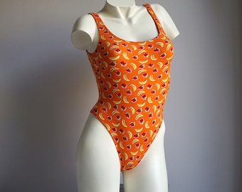 90s Orange Cotton Tutti Frutti Print High Cut Bathingsuit / Vintage Deadstock Fruity Pattern One Piece Swimsuit XXS