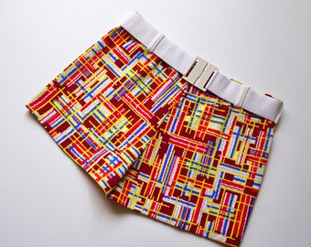 70s Multicolor Graphic Print MOD Belted Swim Shorts / Vintage Deadstock High Rise French Beach Bathing Shorts SMALL MEDIUM