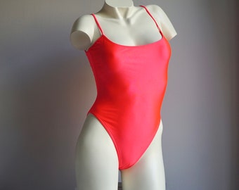 00s y2k Neon Pink High Cut Bathingsuit / Vintage Deadstock Spaghetti Straps Solid One Piece Swimsuit MEDIUM