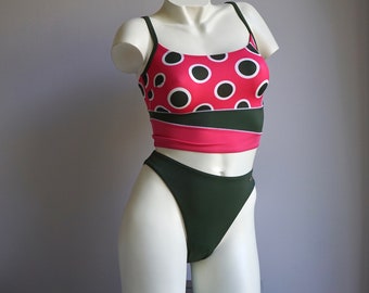 90s High Cut Tankini Set Triumph Bikini / Vintage Deadstock Army Green Pink Polka Dot Print Two Piece Swimsuit MEDIUM