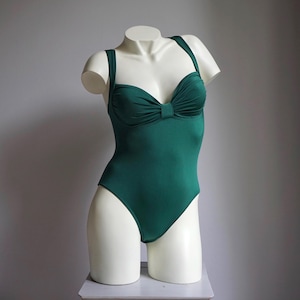 90s Pine Green Ruched Chest Classy Bathingsuit / Vintage Deadstock Solid Pleated Swimsuit SMALL