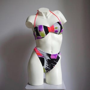 90s Arty Neon Colors High Waist Bandeau Bikini Set / Vintage Deadstock Halter Strap Black Swimsuit SMALL