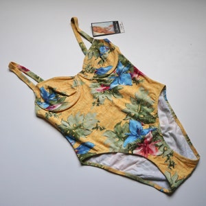 90s Yellow Cotton Floral Print Underwire Bathingsuit / Vintage Deadstock One Piece Swimsuit SMALL MEDIUM imagen 3