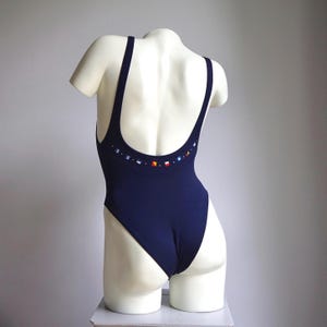 80s Dark Blue Little Flags Print High Cut One Piece Bathingsuit / Vintage Deadstock Squares Strass Swimsuit SMALL