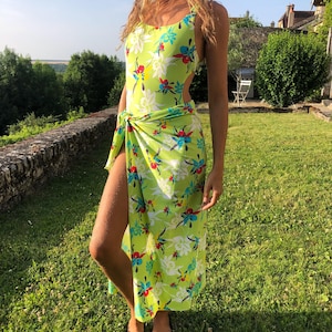 00s y2k Light Green Floral Two Piece Sarong Tankini Set / Vintage Deadstock Bathing Beach Matching Set MEDIUM