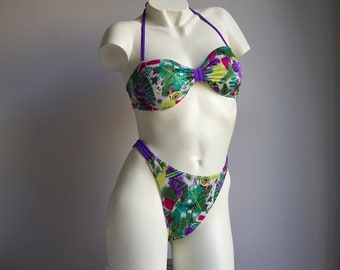 80s Purple Green Abstract Print High Cut Bandeau Bikini Set / Vintage Deadstock Two Piece Swimsuit MEDIUM