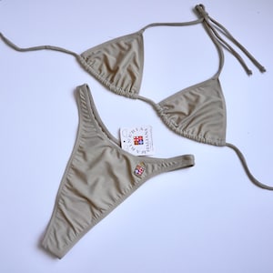 90s Sand Beige Ultra High Cut Thong Bikini / Vintage Deadstock Scandalous Skimpy Swimsuit SMALL MEDIUM large