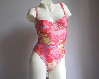 90s Satin Roses Pastel Pink Underwire Bathingsuit / Vintage Deadstock Romantic Floral Swimsuit SMALL