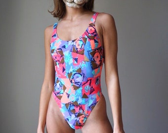 90s Neon Patchwork Print High Leg Bathingsuit / Vintage Deadstock One Piece Swimsuit