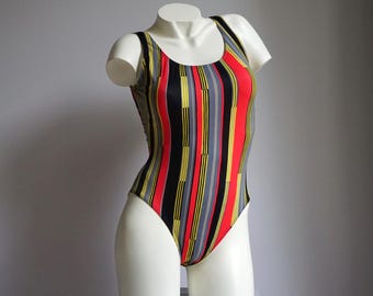 90s Black Yellow Red Striped Print Bathingsuit / Vintage Deadstock Graphic Video Pixel One Piece Swimsuit MEDIUM
