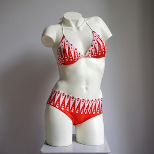 90s does 70s Arlequin Print Red Bikini Set / Vintage Polka Dot Triangle Top Low-Rise Bottoms MEDIUM
