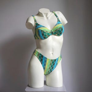 90s Green Tones Checked High Waist Underwire Bra Bikini Set / Vintage Deadstock Gingham Plaid Swimsuit SMALL MEDIUM