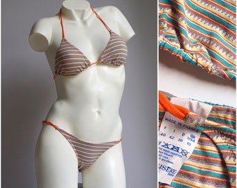 70s Striped Cotton Knit Low Waist Triangle French Bikini Set / Retro Mod Vintage Deadstock Beige Orange Print Swimsuit XXS XS