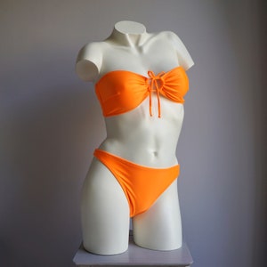 00s y2k Neon Orange Bandeau Bustier Bikini Set / Vintage Deadstock Solid Mid Rise Swimsuit XXL